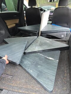 POV:  25 tables. 800 lbs 🪨. One Volkswagen.
Custom templated from the client’s base—on the way to a fraternity.
@angelosmarblephila
 #stonetemplates #customtables #stonefabrication #honedgranite #StoneDesign